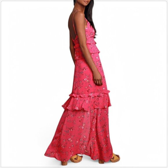 Lulus Sunshine Bouquet Fuchsia Pink Floral Print Ruffled Maxi Feminine Dress M - Picture 3 of 8